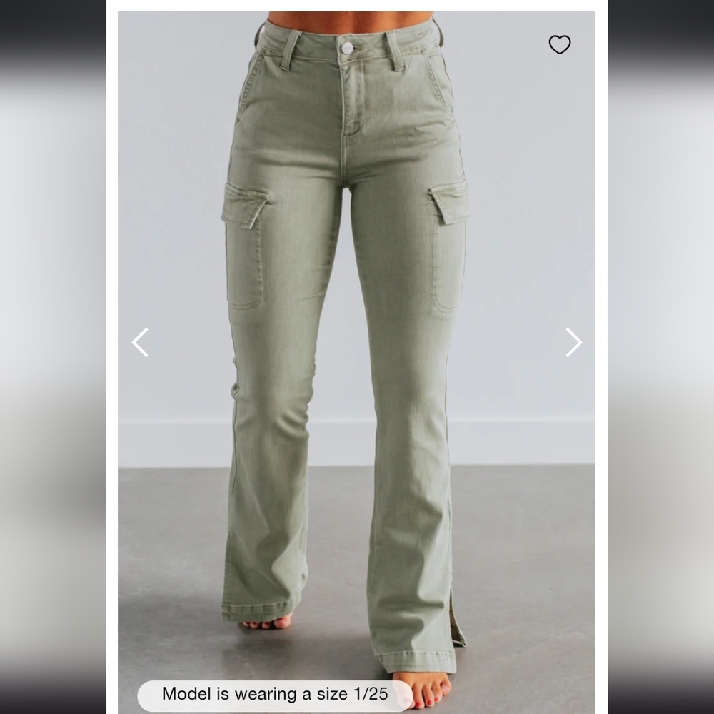 Risen Sage Green Cargo Flare Jeans High Rise Trendy Utility Pants Size 27